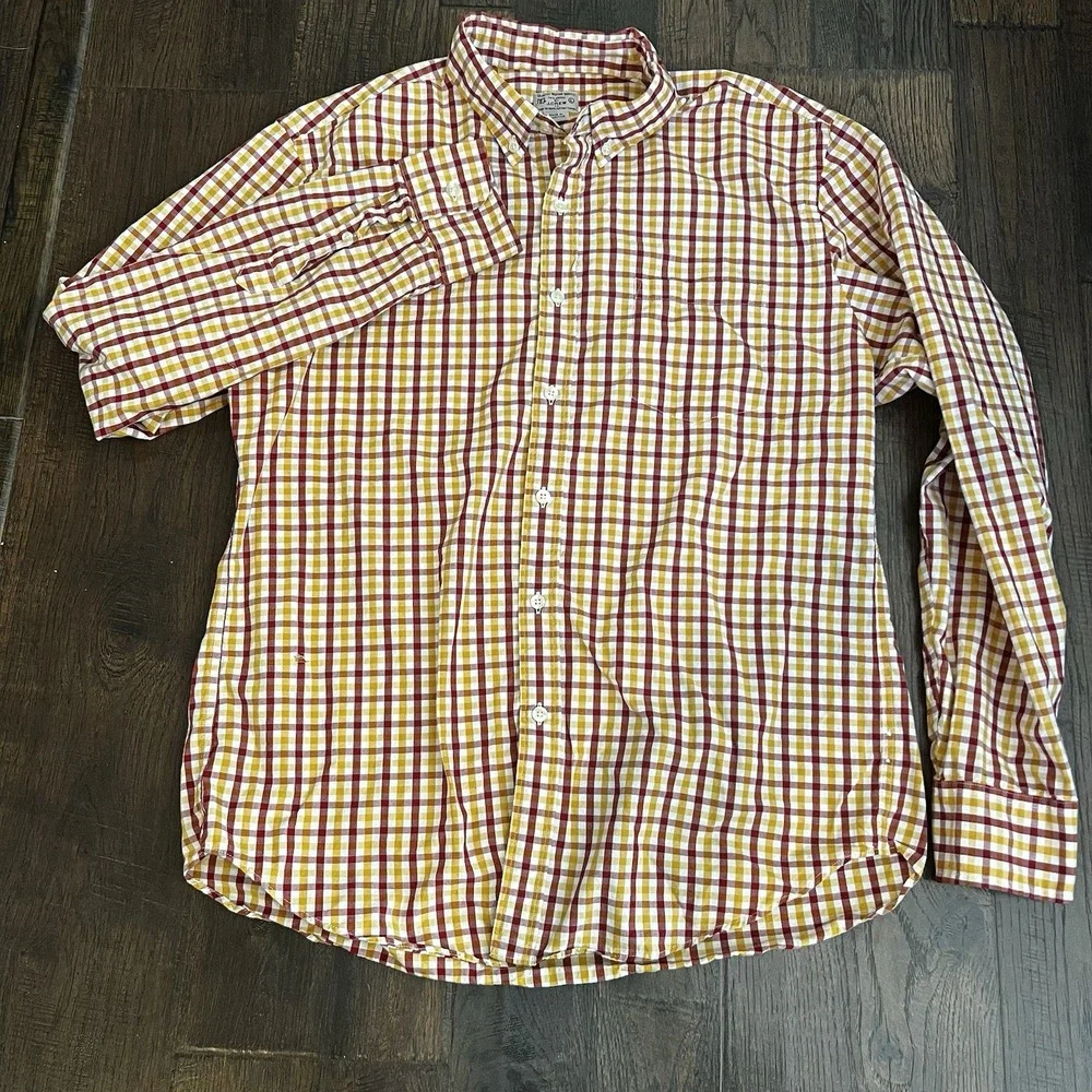 J Crew Button Down Long Sleeve L Yellow Red Plaid Shirt woven Cotton‎ Skater VTG